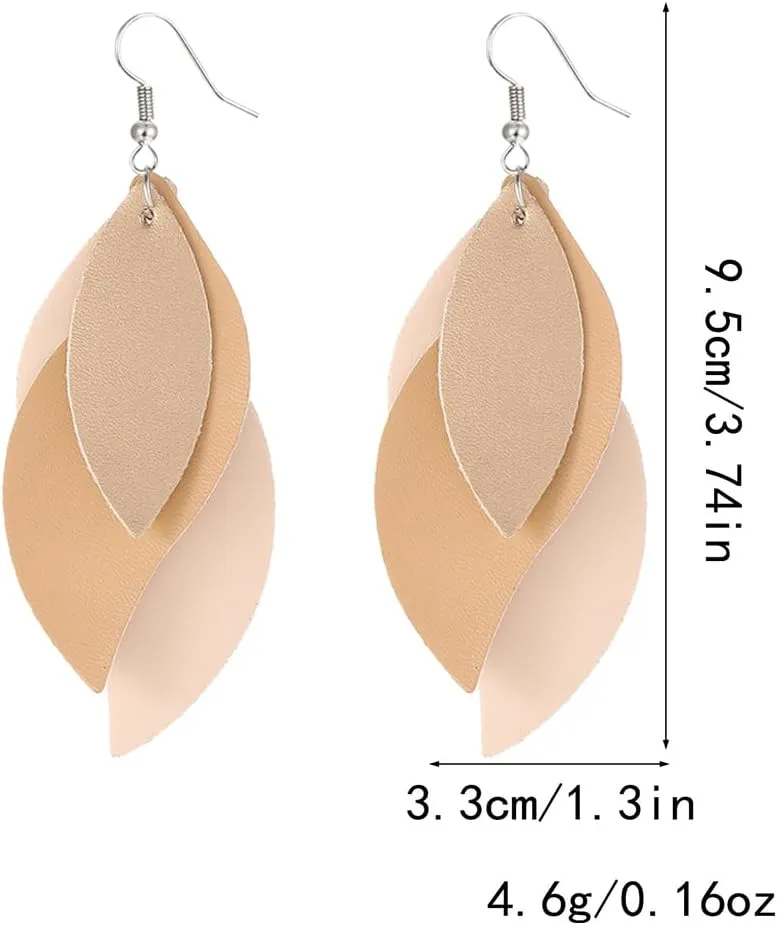 ANXIN boho unique Leather Earrings 2 Layered Lightweight Faux Leather Leaf Earrings Layered Design Drop Earrings Gift for Women