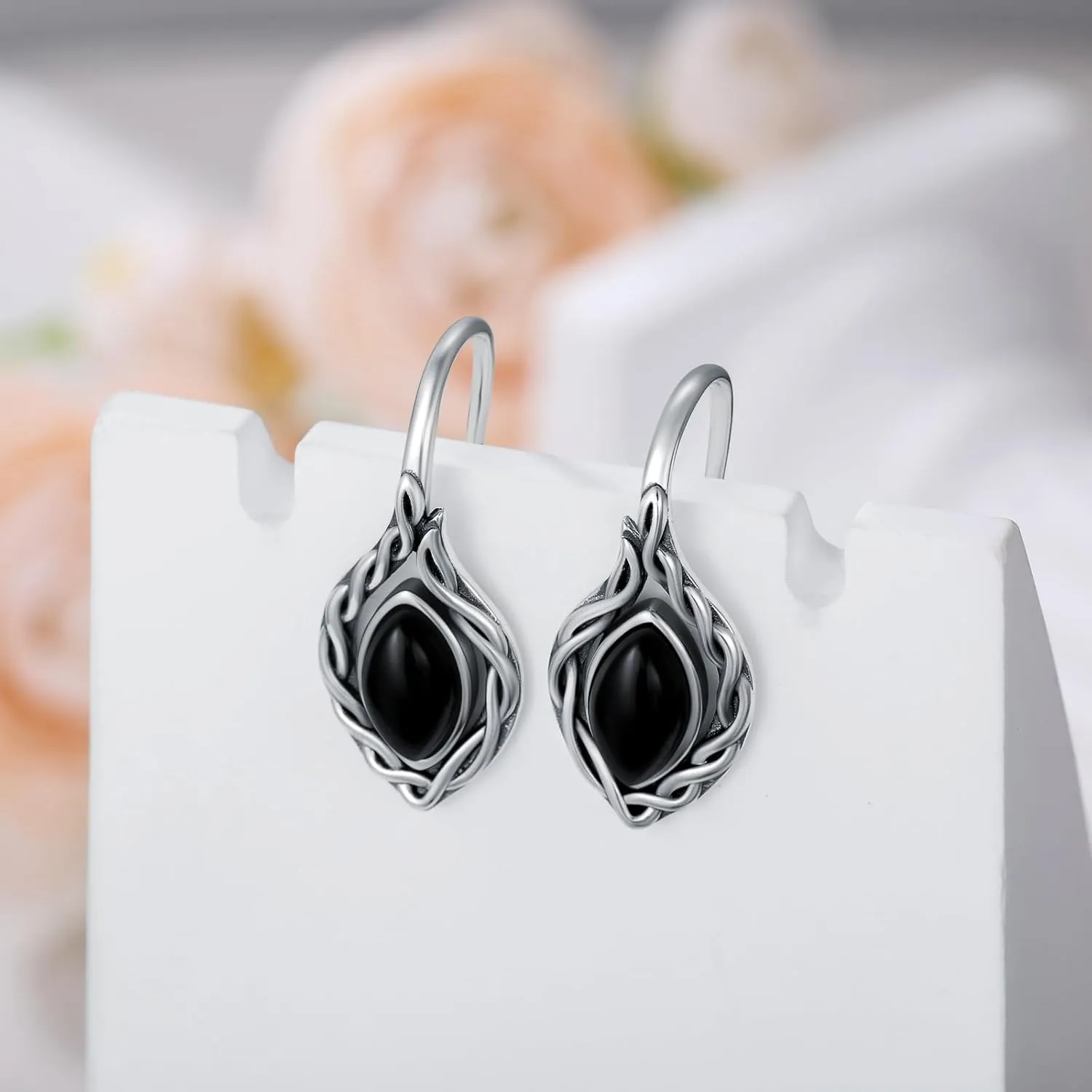 AOBOCO Black Onyx/Moonstone/Red Agate Earrings Sterling Silver Vintage Celtic Knot Dangle Drop Earrings for Women