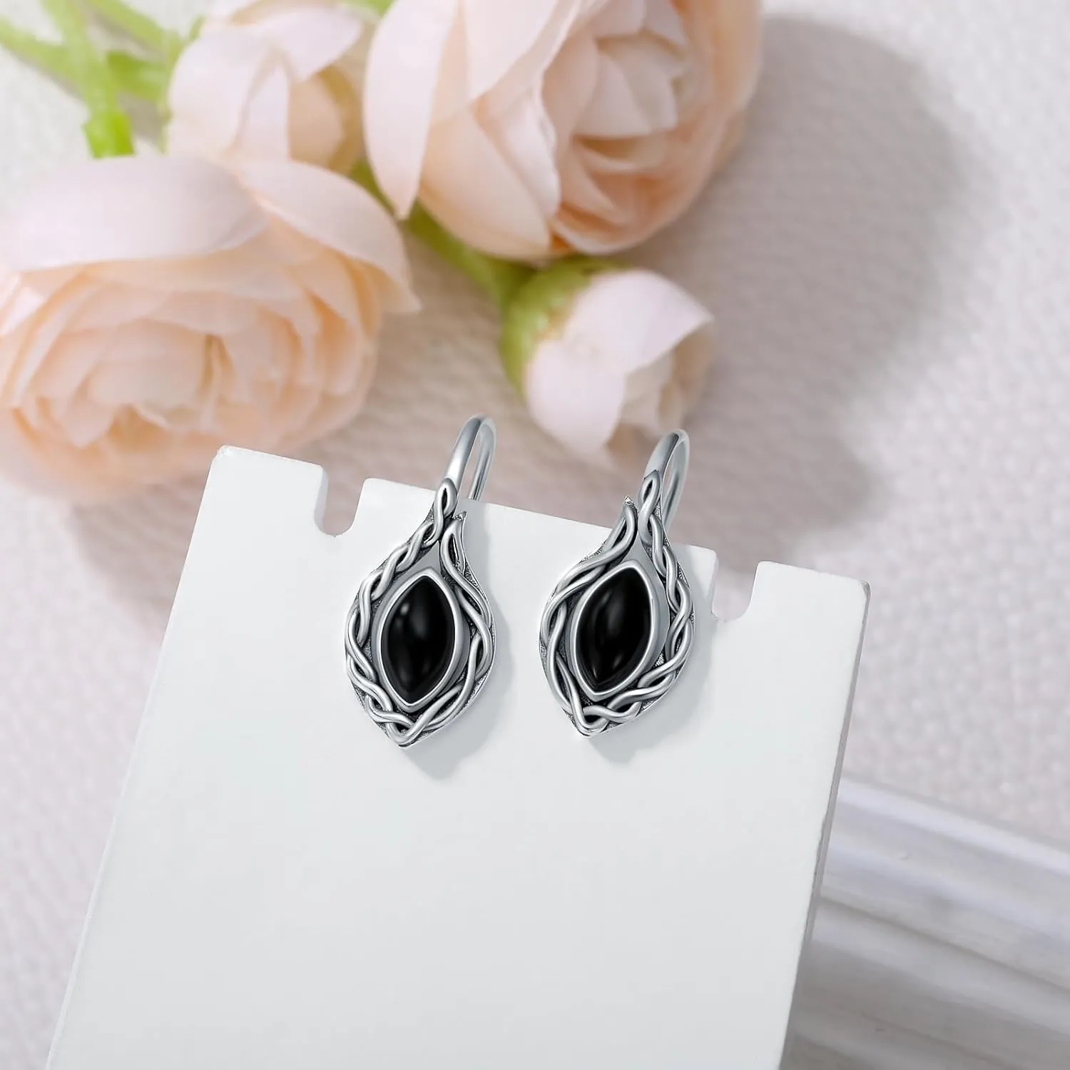 AOBOCO Black Onyx/Moonstone/Red Agate Earrings Sterling Silver Vintage Celtic Knot Dangle Drop Earrings for Women