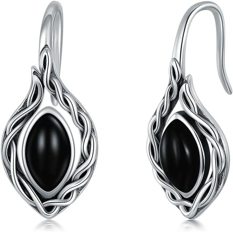 AOBOCO Black Onyx/Moonstone/Red Agate Earrings Sterling Silver Vintage Celtic Knot Dangle Drop Earrings for Women