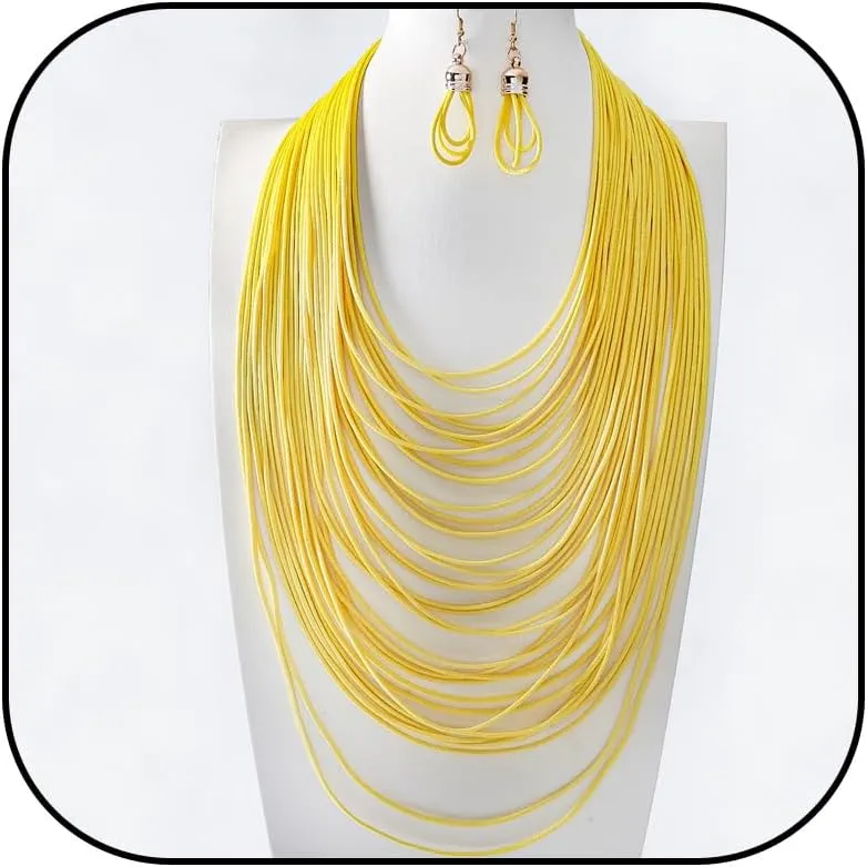 Aonklot Layered Choker Necklace Earrings Set Woven Statement Necklace Set for Women Multi Layer Wax Line Bib Necklace Colorful Jewelry Set