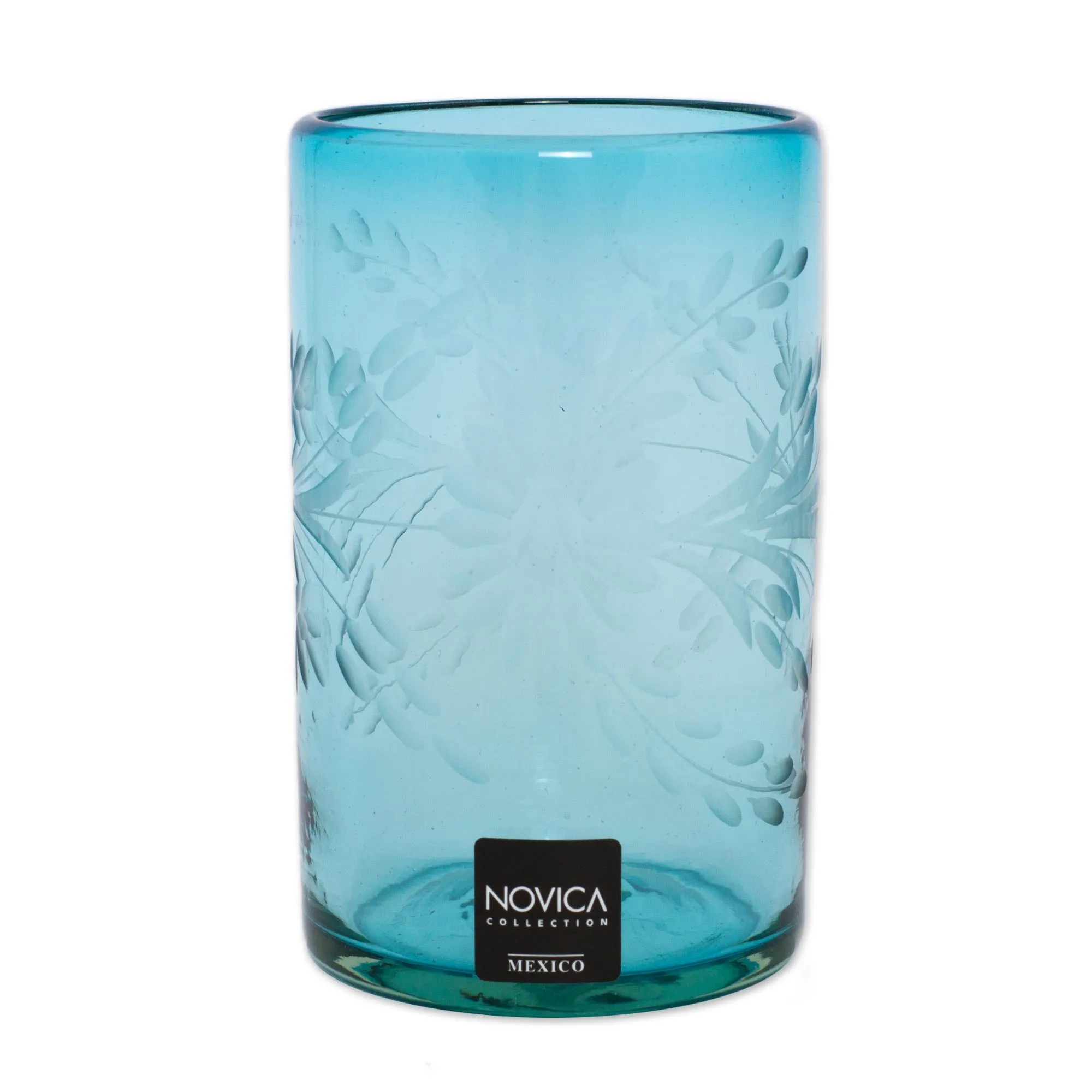 Aquamarine Flowers Recycled Glass Tumbler Etched Glasses