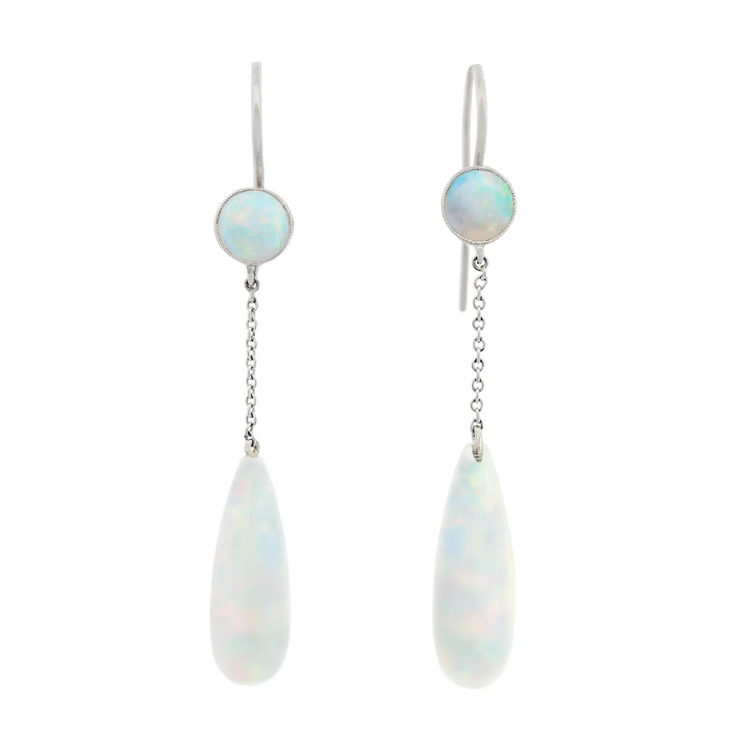 Art Deco 18k White Gold Opal Dangle Earrings