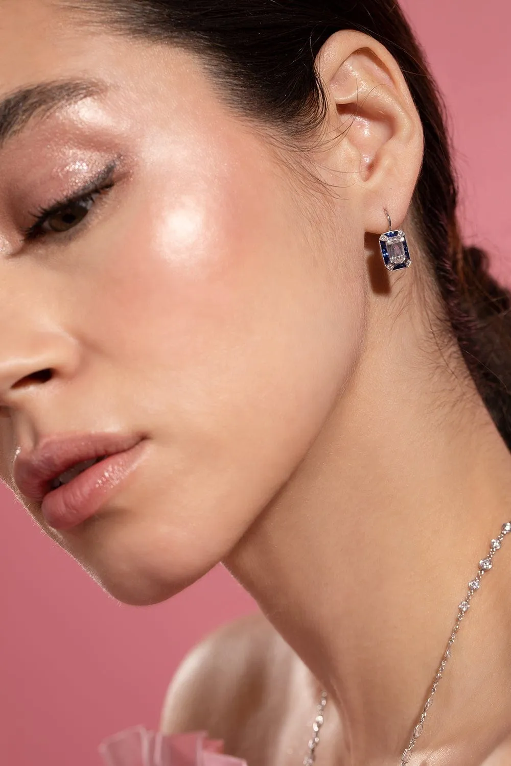 Ashoka Diamond Ray Earrings with Sapphire Halos