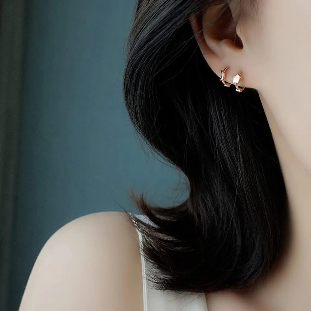 Asymmetrical Star Moon Small Hoop Earrings for Women Girls 925 Sterling Silver Charms Tiny Minimalist Crescent Moon Star Cartilage Clip Cuff Stud Earrings Fashion Delicate