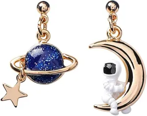 Asymmetrical Star Moon Tassel Drop Dangle Earrings for Women Dainty Long Lucky Star Crescent Planet Chain Tassel Earrings