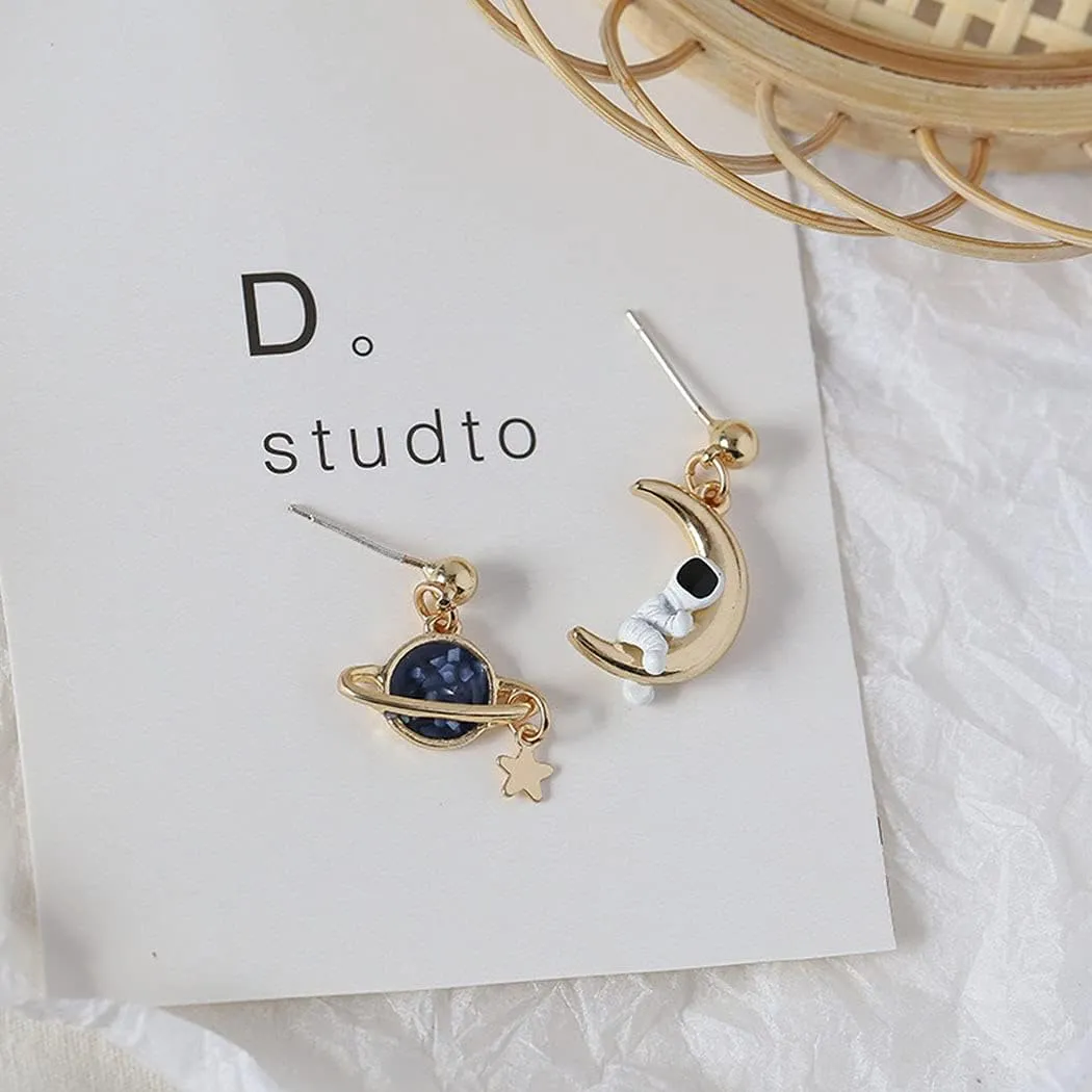 Asymmetrical Star Moon Tassel Drop Dangle Earrings for Women Dainty Long Lucky Star Crescent Planet Chain Tassel Earrings