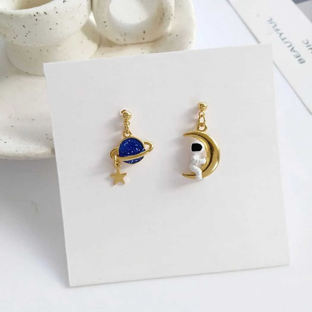 Asymmetrical Star Moon Tassel Drop Dangle Earrings for Women Dainty Long Lucky Star Crescent Planet Chain Tassel Earrings