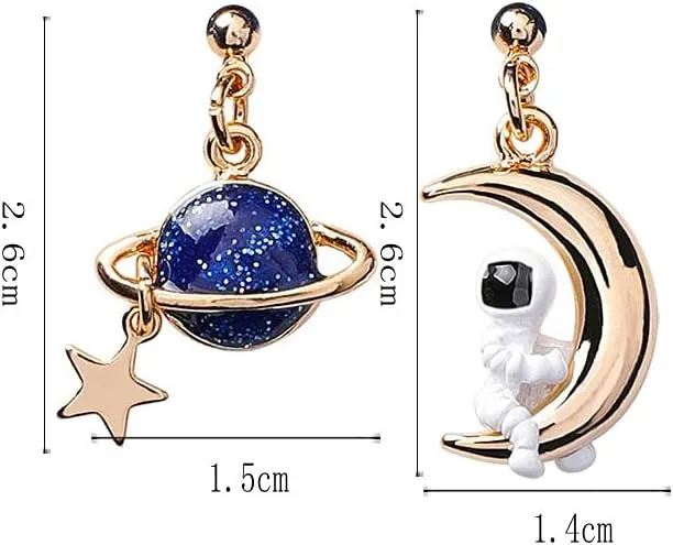 Asymmetrical Star Moon Tassel Drop Dangle Earrings for Women Dainty Long Lucky Star Crescent Planet Chain Tassel Earrings