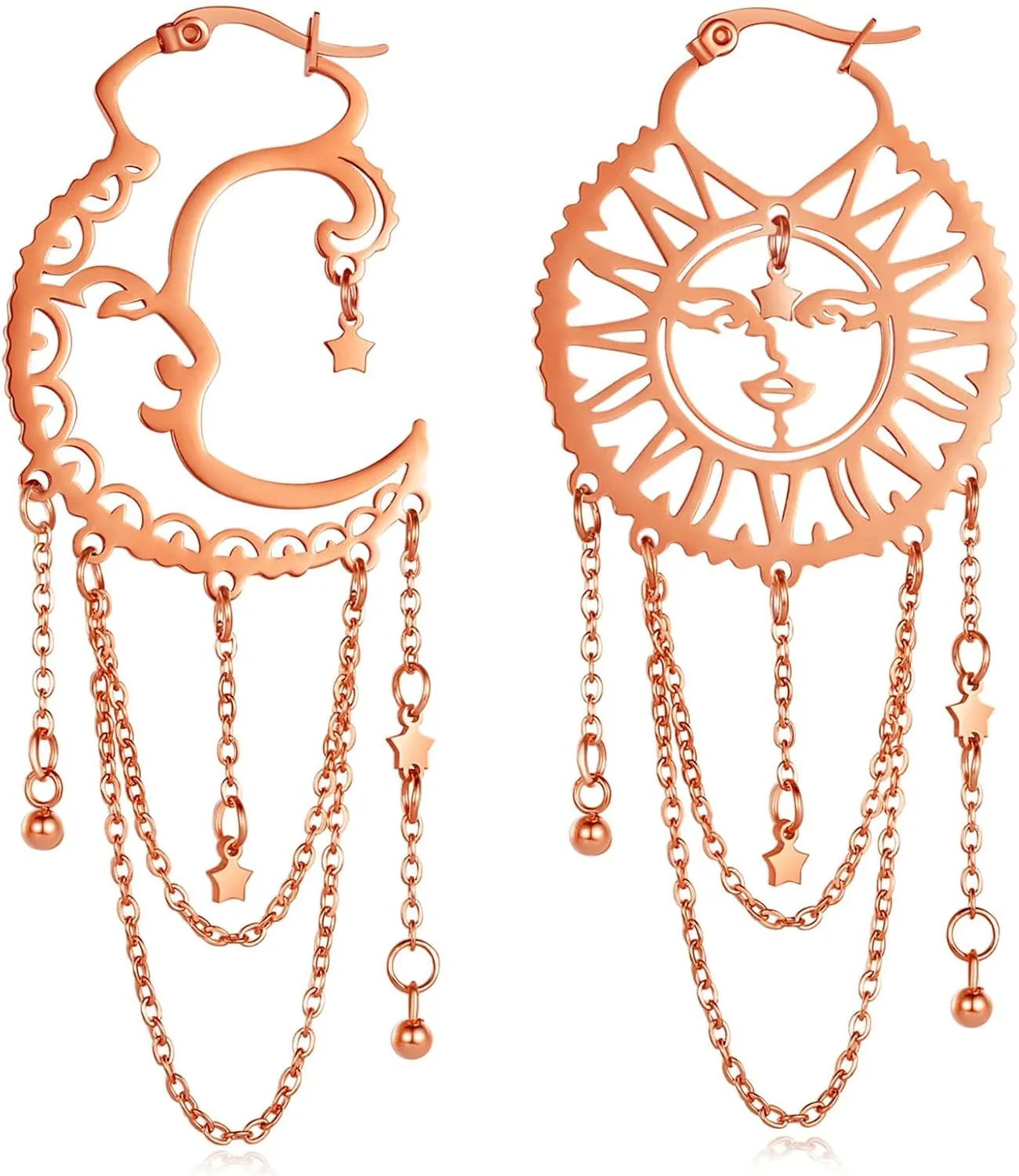 Asymmetrical Sun and Moon Earrings for Women Dangling, Rainbow Boho Earrings Star Tassel Chain Drop Dangle Statement Earrings Stainless Steel Bohemian Jewelry…