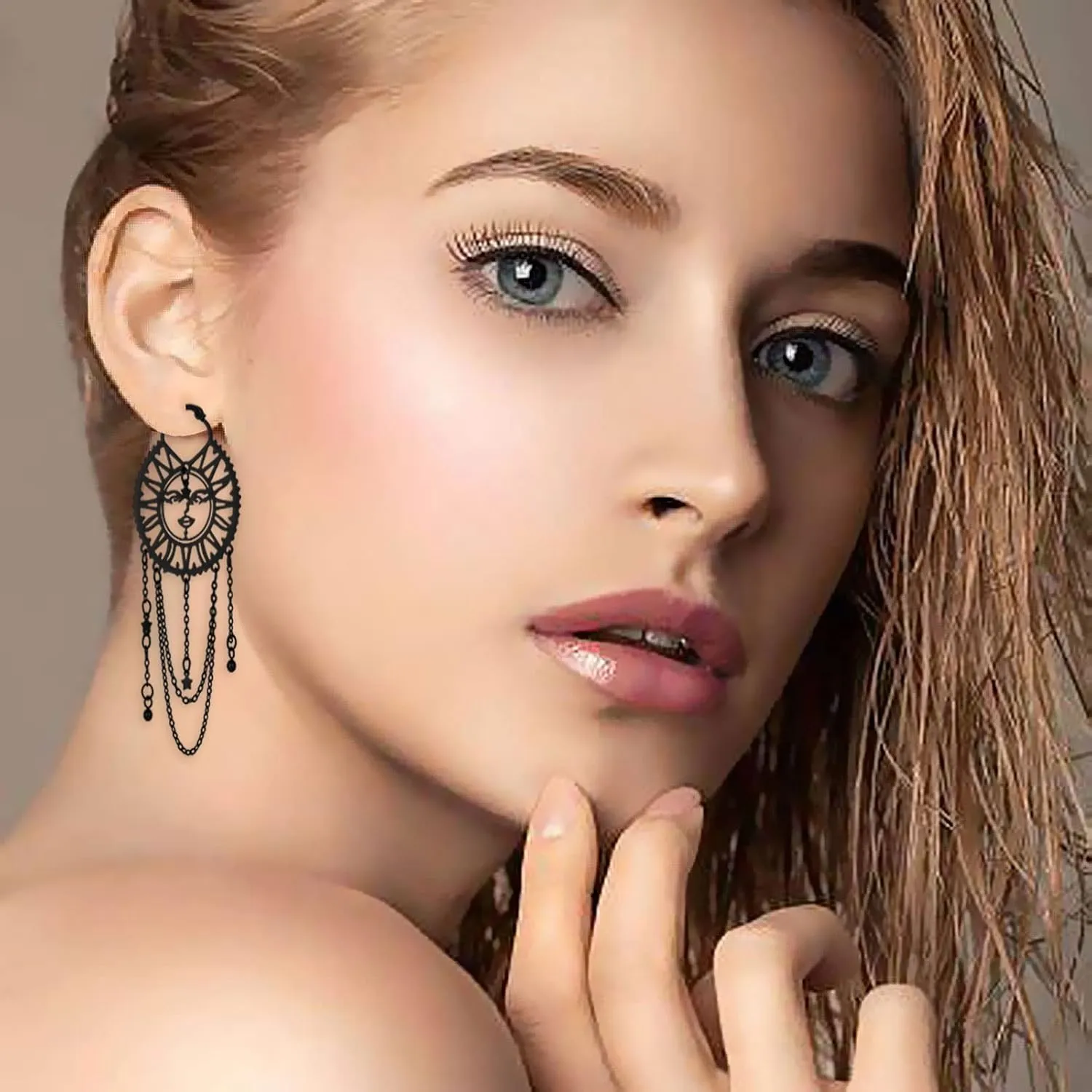 Asymmetrical Sun and Moon Earrings for Women Dangling, Rainbow Boho Earrings Star Tassel Chain Drop Dangle Statement Earrings Stainless Steel Bohemian Jewelry…