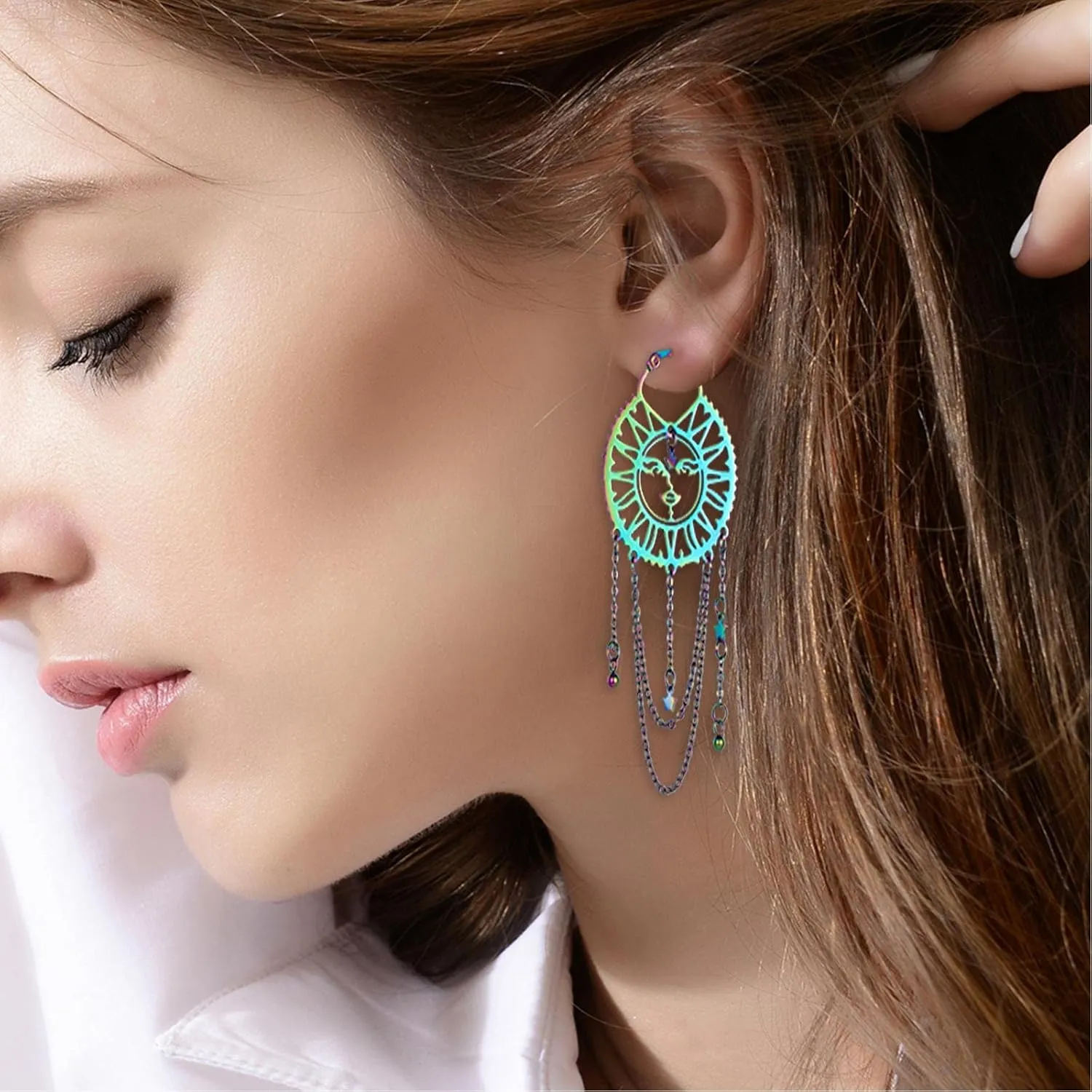 Asymmetrical Sun and Moon Earrings for Women Dangling, Rainbow Boho Earrings Star Tassel Chain Drop Dangle Statement Earrings Stainless Steel Bohemian Jewelry…