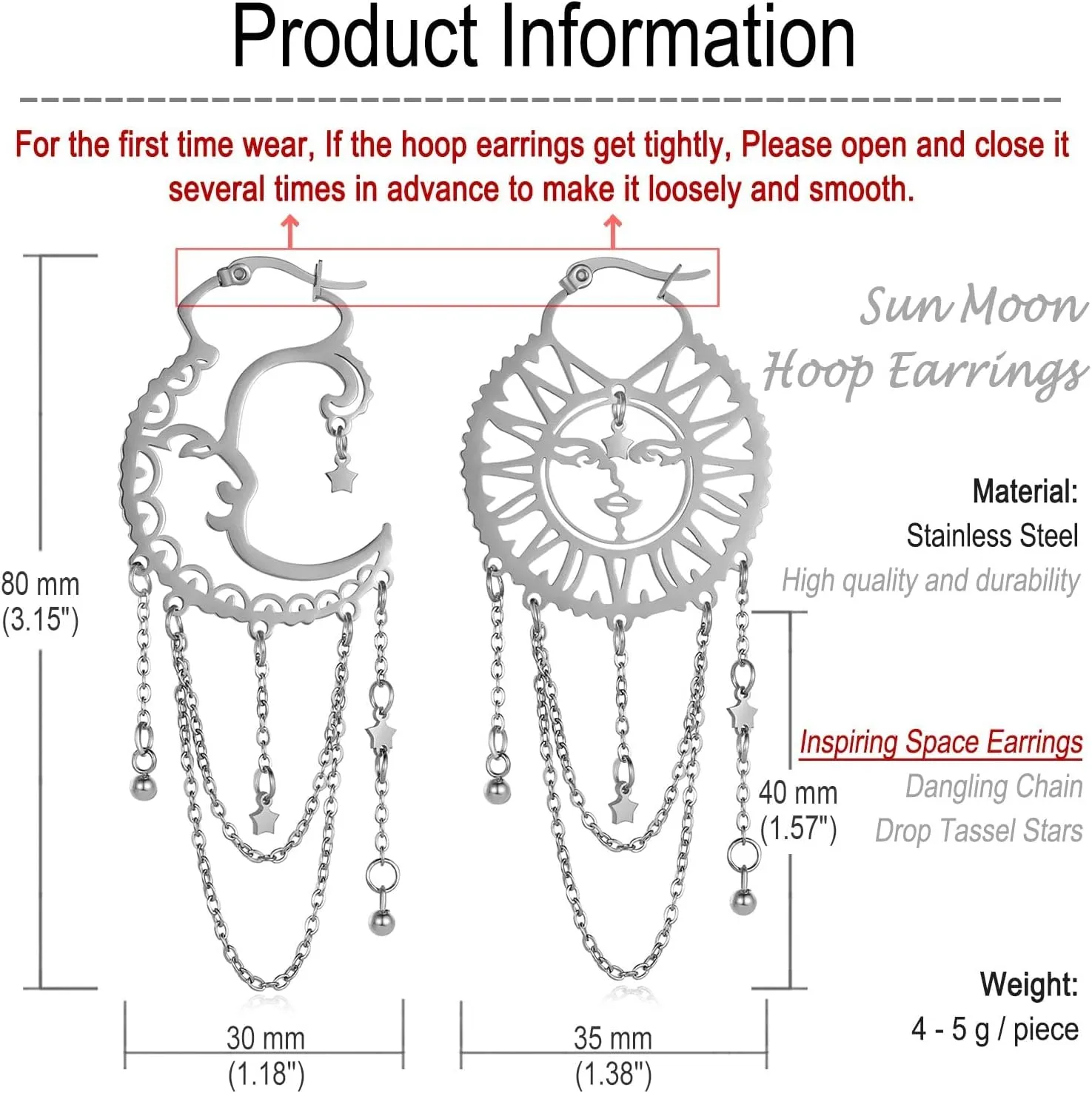 Asymmetrical Sun and Moon Earrings for Women Dangling, Rainbow Boho Earrings Star Tassel Chain Drop Dangle Statement Earrings Stainless Steel Bohemian Jewelry…