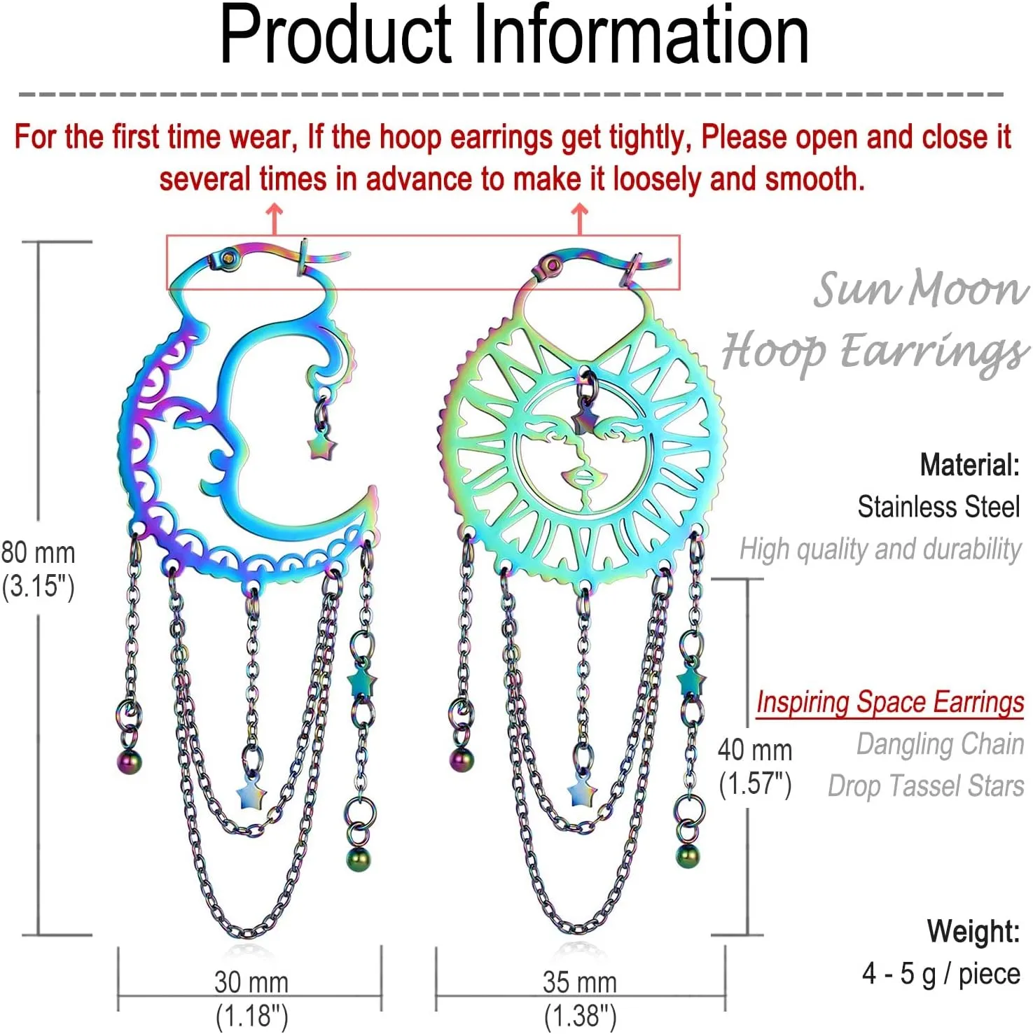 Asymmetrical Sun and Moon Earrings for Women Dangling, Rainbow Boho Earrings Star Tassel Chain Drop Dangle Statement Earrings Stainless Steel Bohemian Jewelry…