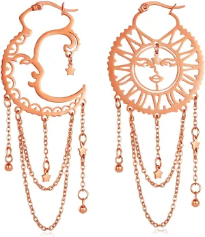 Asymmetrical Sun and Moon Earrings for Women Dangling, Rainbow Boho Earrings Star Tassel Chain Drop Dangle Statement Earrings Stainless Steel Bohemian Jewelry…