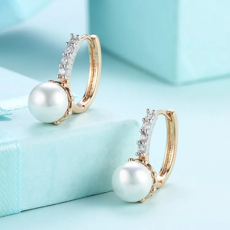 Austrian Crystal Pearl Huggie Earrings in 18K Gold Plating with Curved Pavé Design