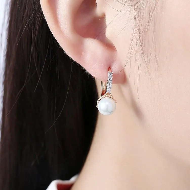 Austrian Crystal Pearl Huggie Earrings in 18K Gold Plating with Curved Pavé Design