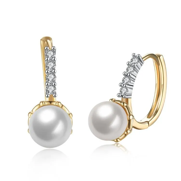 Austrian Crystal Pearl Huggie Earrings in 18K Gold Plating with Curved Pavé Design