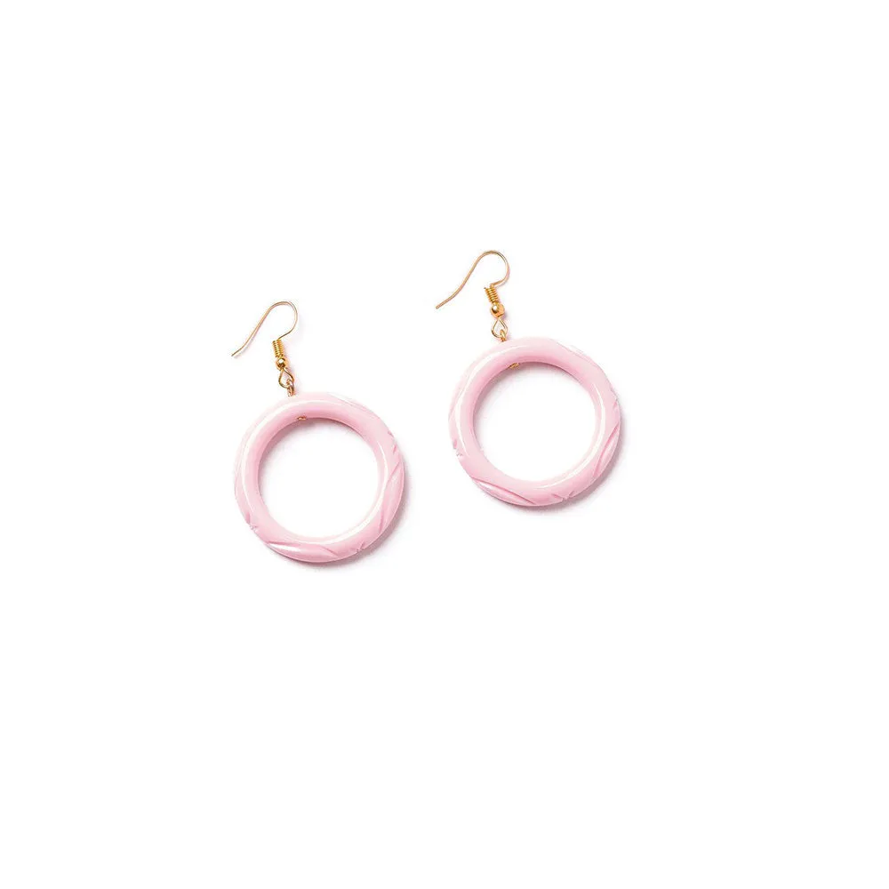 Baby Pink Heavy Carve Drop Hoop Earrings by Splendette