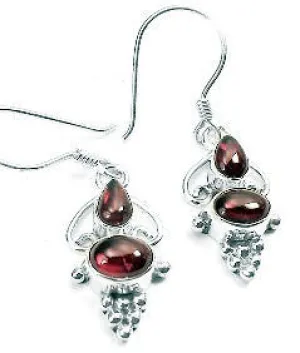 Bali Style Sterling Silver Ornate Double Garnet Hook Earrings