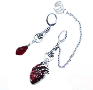 Beating Heart Asymmetrical Cuff Earrings Chain Ear Cuff Clip Jewelry Gothic for Vampire Long Chain Earring for Wome