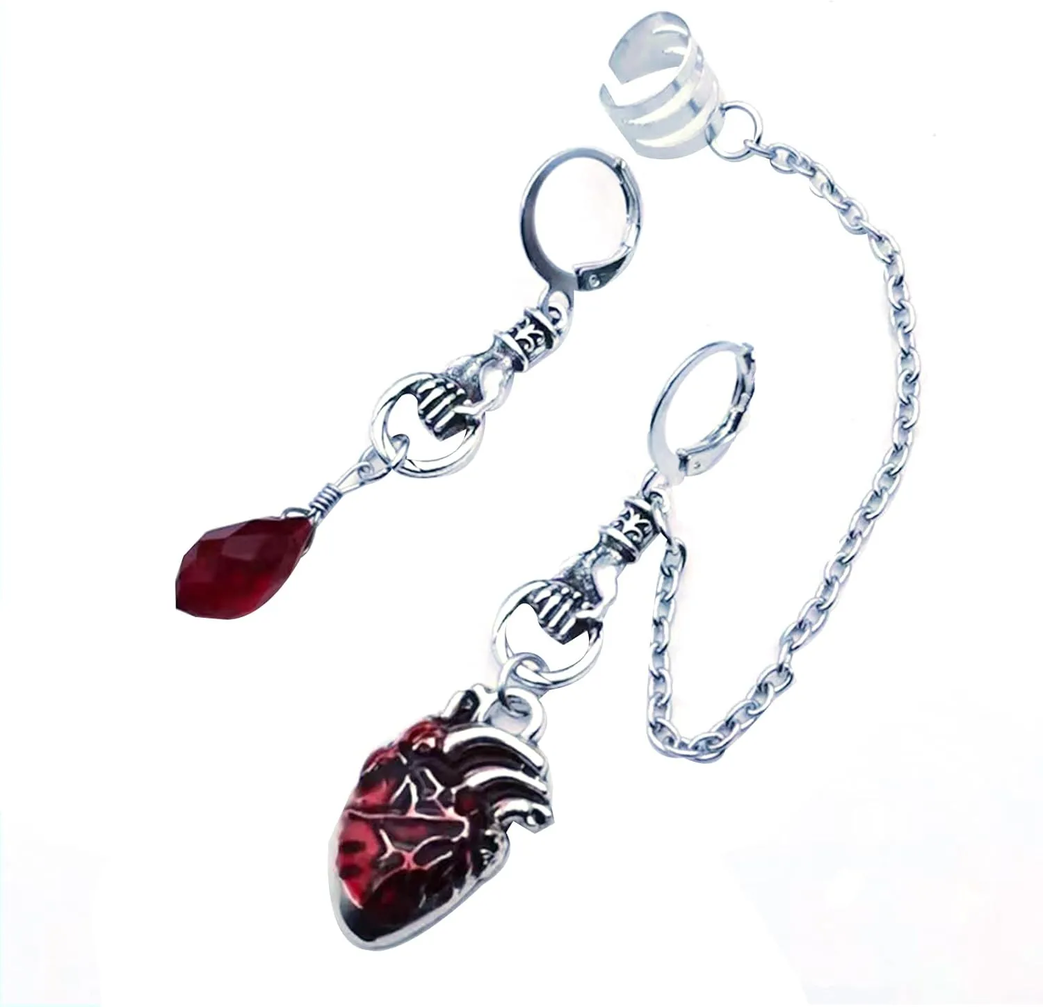 Beating Heart Asymmetrical Cuff Earrings Chain Ear Cuff Clip Jewelry Gothic for Vampire Long Chain Earring for Wome