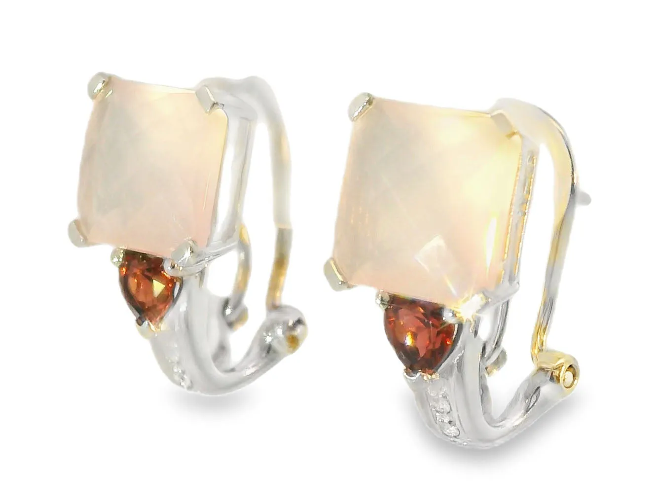 Beautiful Estate 14K White Gold Rose Quartz Garnet Heart Diamond Earrings