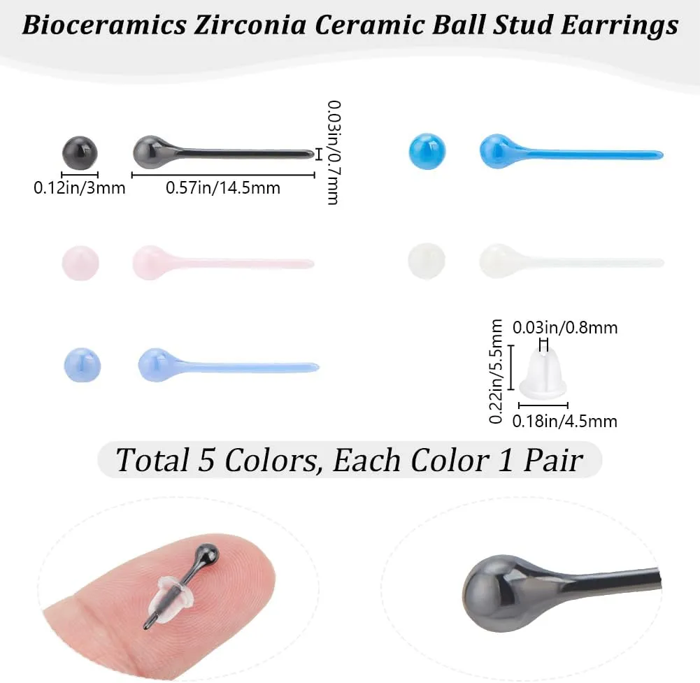 Beebeecraft 1 Box 5 Pairs BioCeramics Stud Earrings 5 Colors Half Hoop Zirconia Ceramic 3mm Round Ball Porcelain Dainty Studs Post Earrings for Newly Pierced Ears Sensitive Ear Everyday Wear Women Men