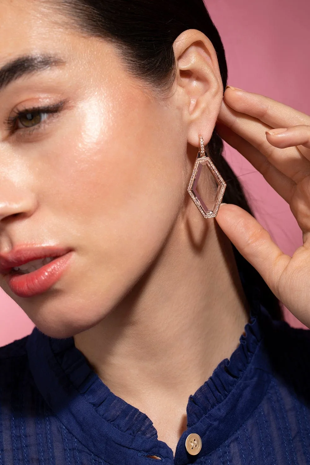Bell Diamond Hexagon Rock Crystal Earrings