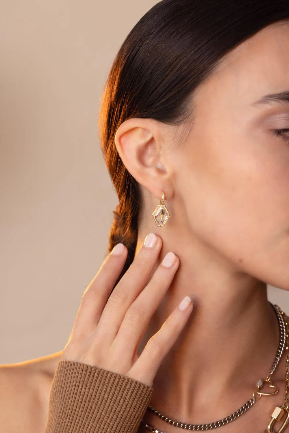 Bell Diamond Rock Crystal Hexagon Earrings