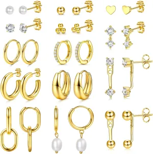 BESTEEL 14Pairs Small Gold Hoop Earrings Set for Women - 14K Gold Plated Hypoallergenic Lightweight Chunky Open Huggie Hoops Dainty Cartilage Stud Hoop Earring Stacks for Multiple Piercing