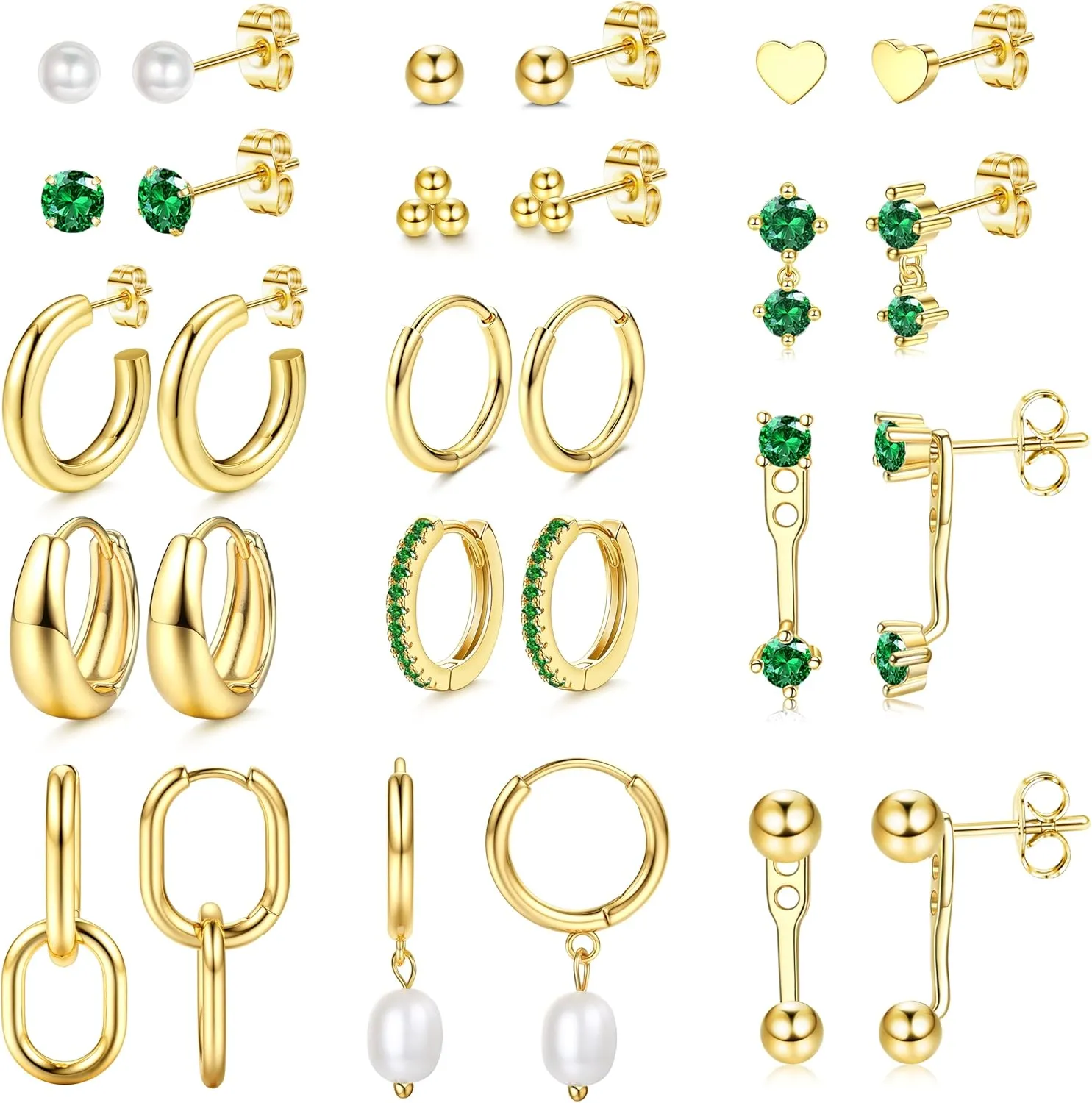 BESTEEL 14Pairs Small Gold Hoop Earrings Set for Women - 14K Gold Plated Hypoallergenic Lightweight Chunky Open Huggie Hoops Dainty Cartilage Stud Hoop Earring Stacks for Multiple Piercing
