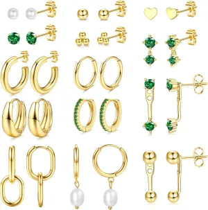 BESTEEL 14Pairs Small Gold Hoop Earrings Set for Women - 14K Gold Plated Hypoallergenic Lightweight Chunky Open Huggie Hoops Dainty Cartilage Stud Hoop Earring Stacks for Multiple Piercing