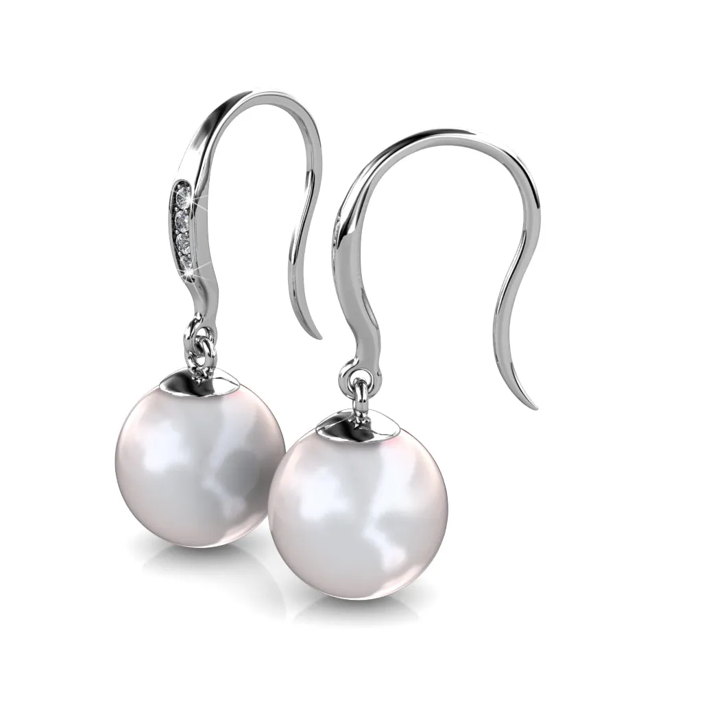 Betty 18k White Gold Plated Freshwater Pearl Drop Dangle Earrings with Swarovski Crystals