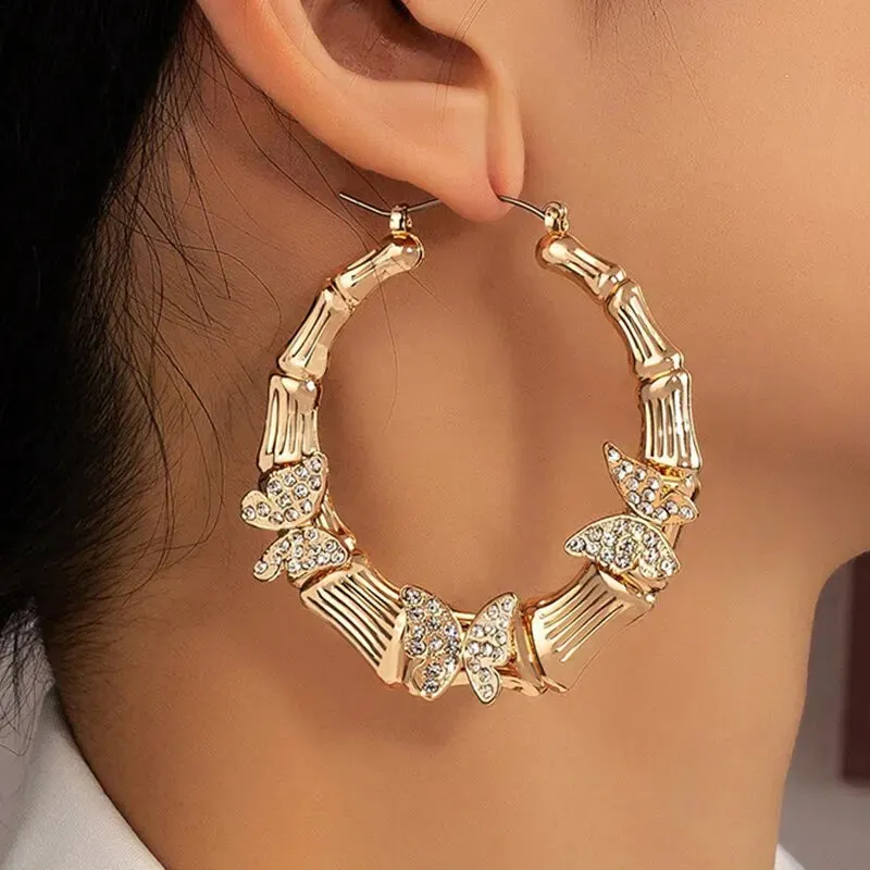Big Butterfly Bamboo Hoop Earrings For Women