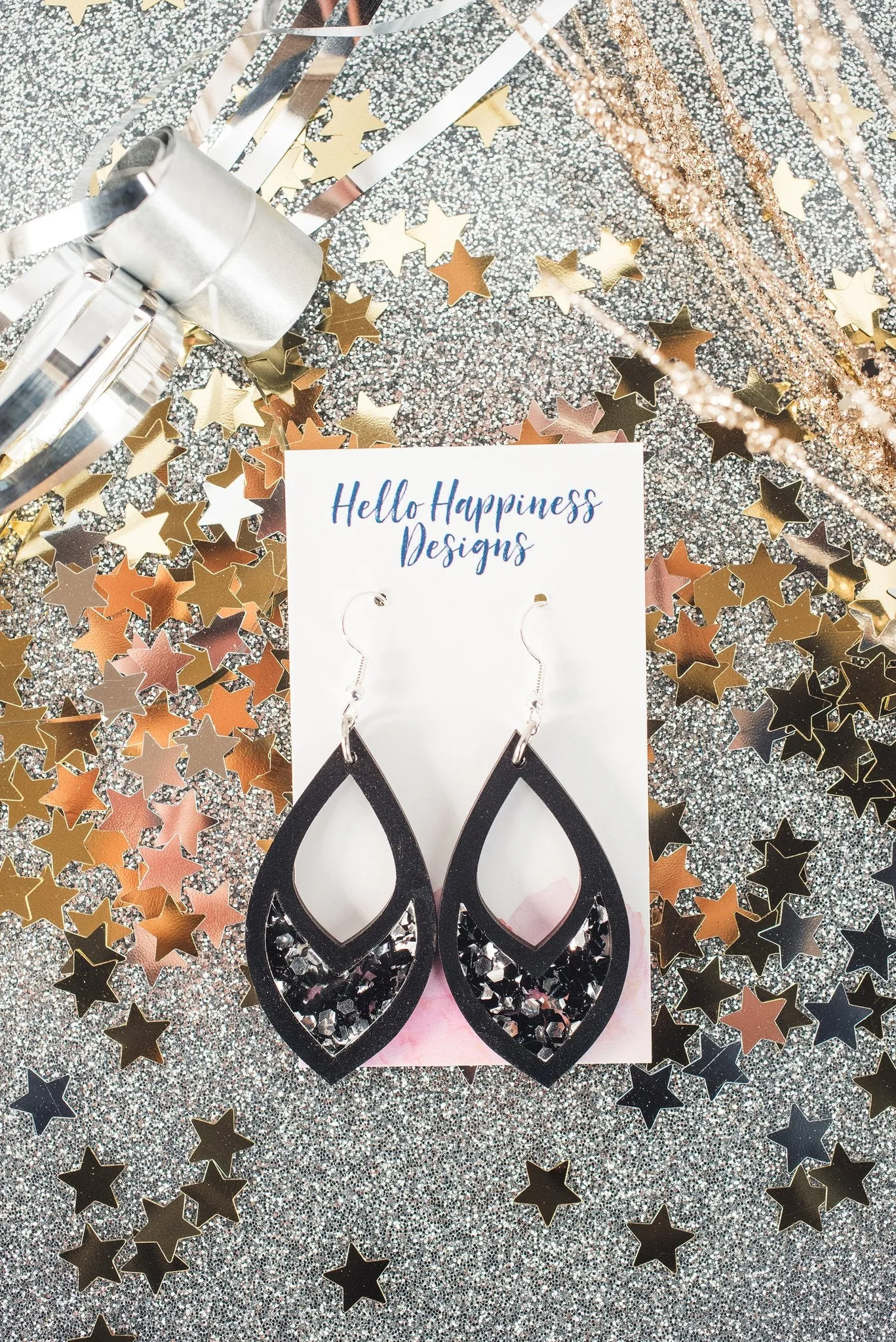 Black & Silver - Sparkly Glitter Dangle Earrings