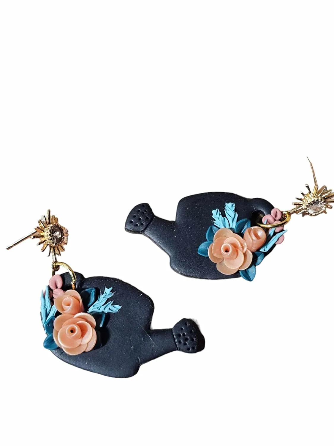 Black floral earrings watering can floral dangle garden lover earrings flower dangle clay earrings clay floral earrings orange rose earrings