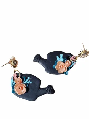 Black floral earrings watering can floral dangle garden lover earrings flower dangle clay earrings clay floral earrings orange rose earrings