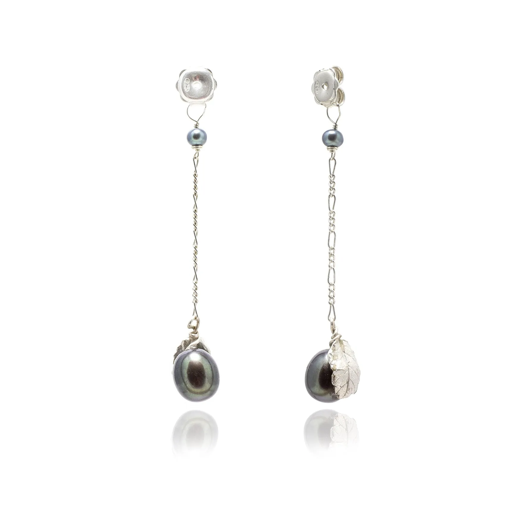 Black Freshwater Pearl 'Back To Basics' Long-Drop Silver Earrings