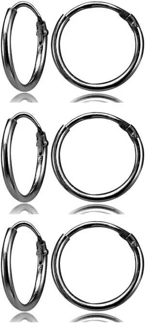 Black Plated Sterling Silver Small Endless 10mm Round Unisex Hoop Earrings, Set of 3 Pairs