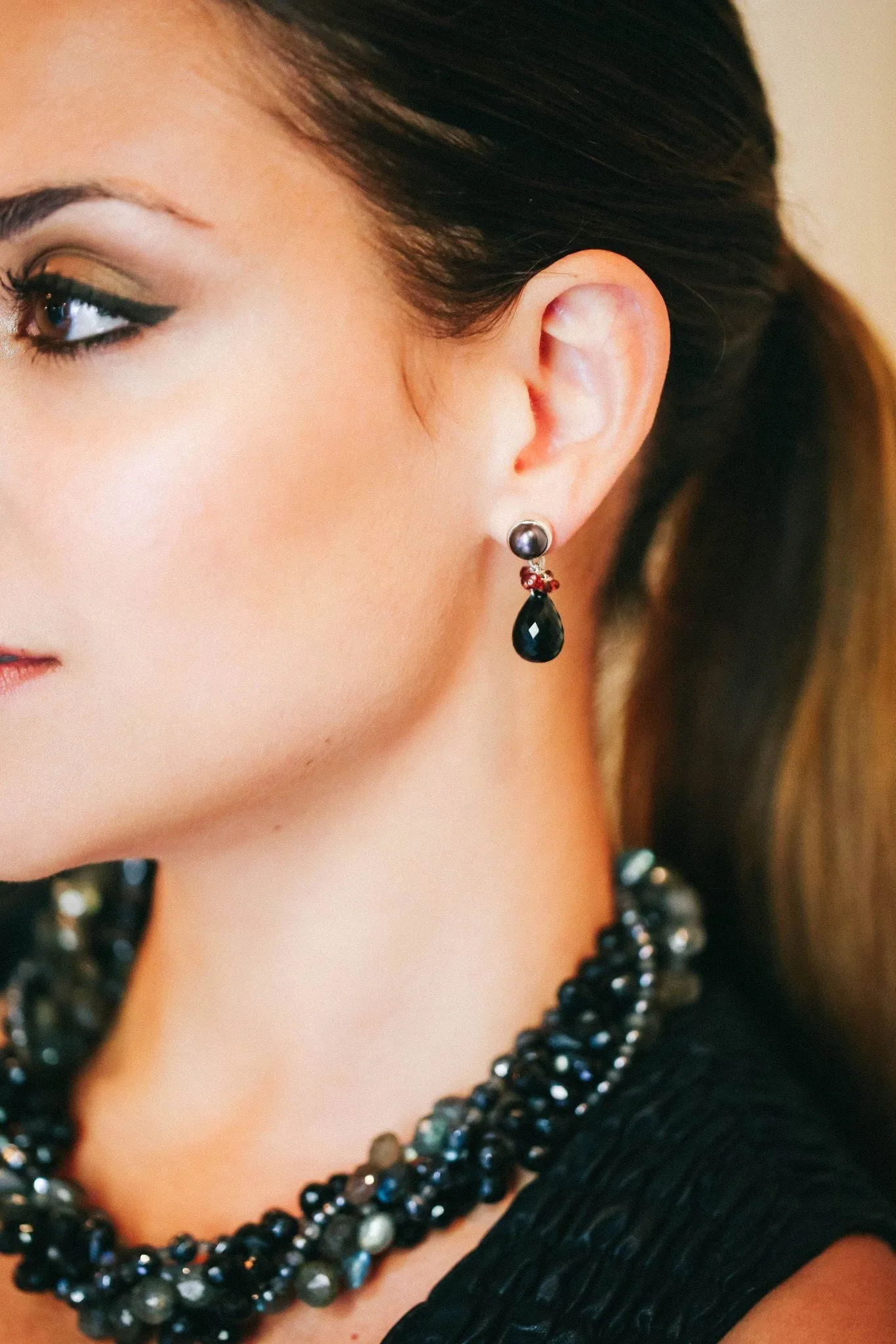 Black Spinel Fantasy and Pearl Earrings