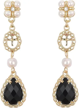 Black Vintage Pearl Drop Earrings - Teardrop Chandelier Long Dangle Baroque Bohemian Earrings