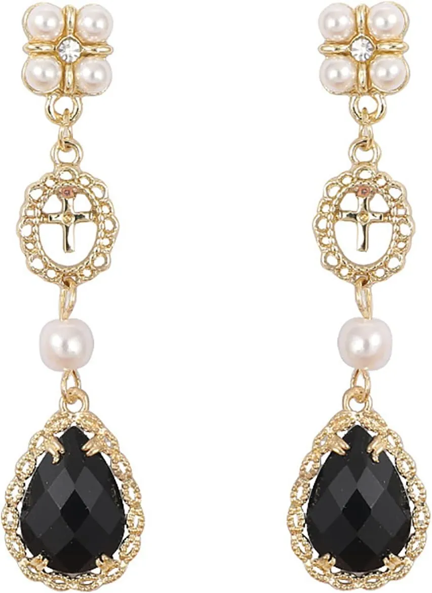 Black Vintage Pearl Drop Earrings - Teardrop Chandelier Long Dangle Baroque Bohemian Earrings