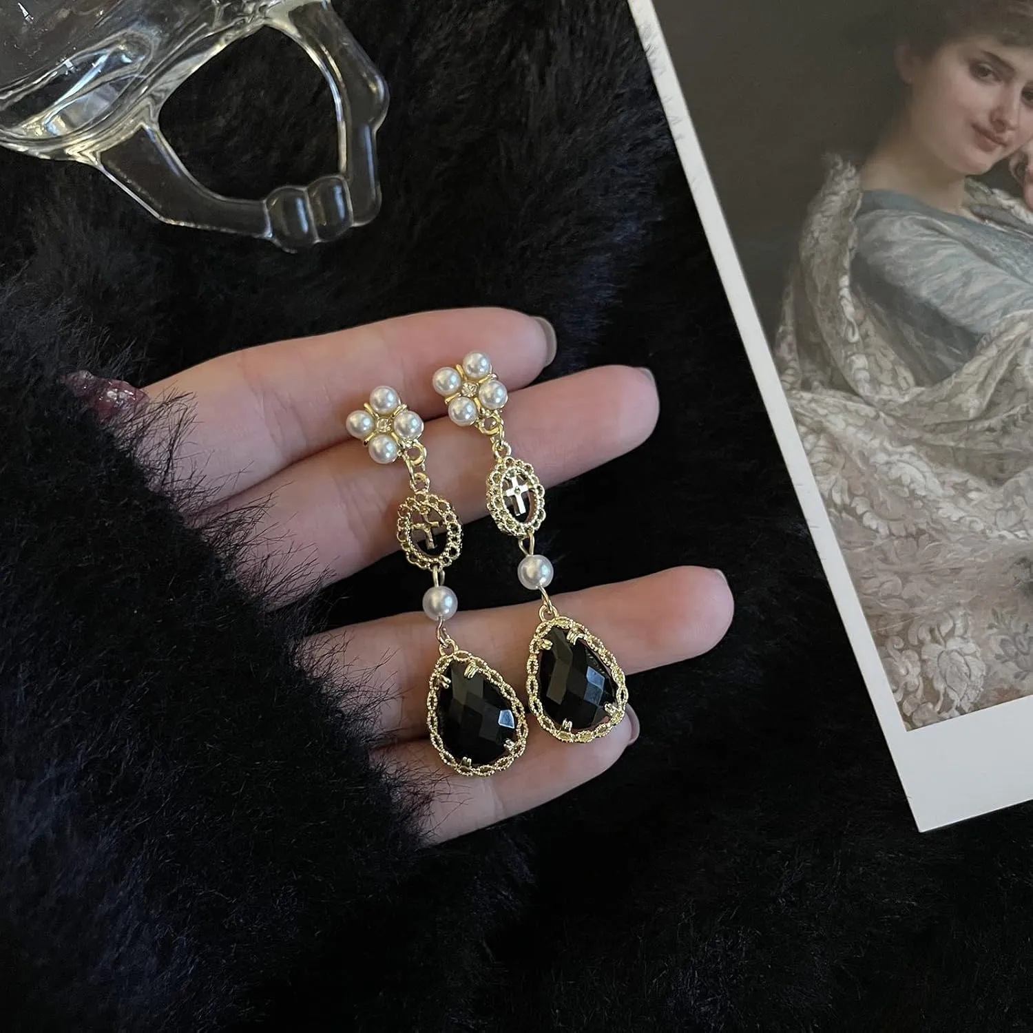 Black Vintage Pearl Drop Earrings - Teardrop Chandelier Long Dangle Baroque Bohemian Earrings
