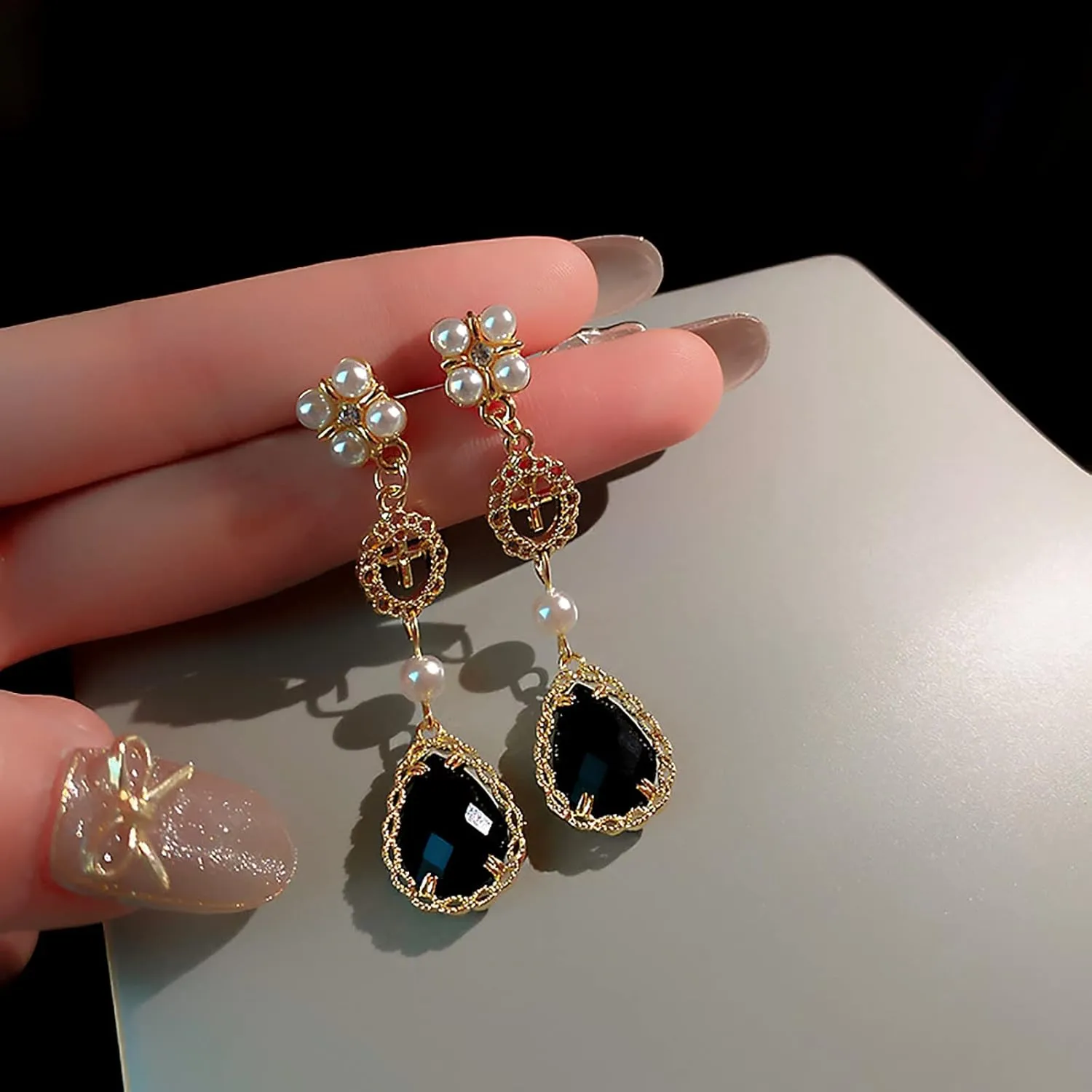Black Vintage Pearl Drop Earrings - Teardrop Chandelier Long Dangle Baroque Bohemian Earrings