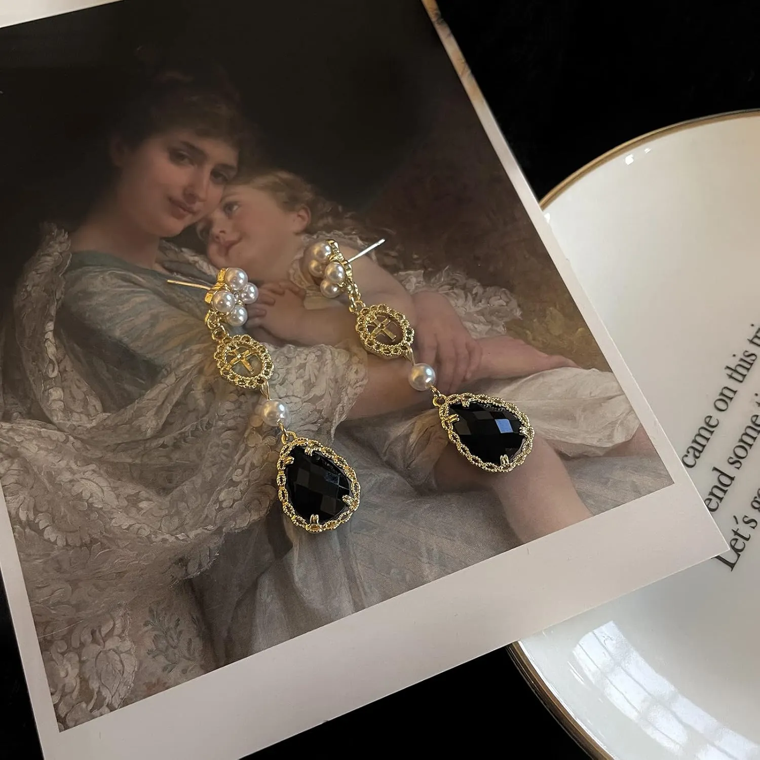 Black Vintage Pearl Drop Earrings - Teardrop Chandelier Long Dangle Baroque Bohemian Earrings