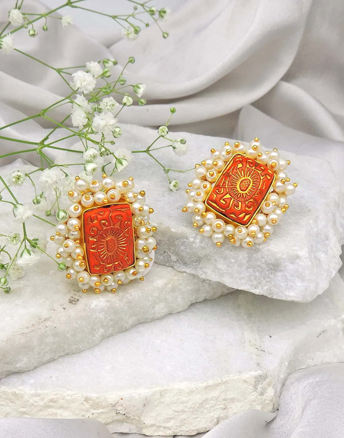 Bloom Rectangle Earrings | Orange, Red & Blue