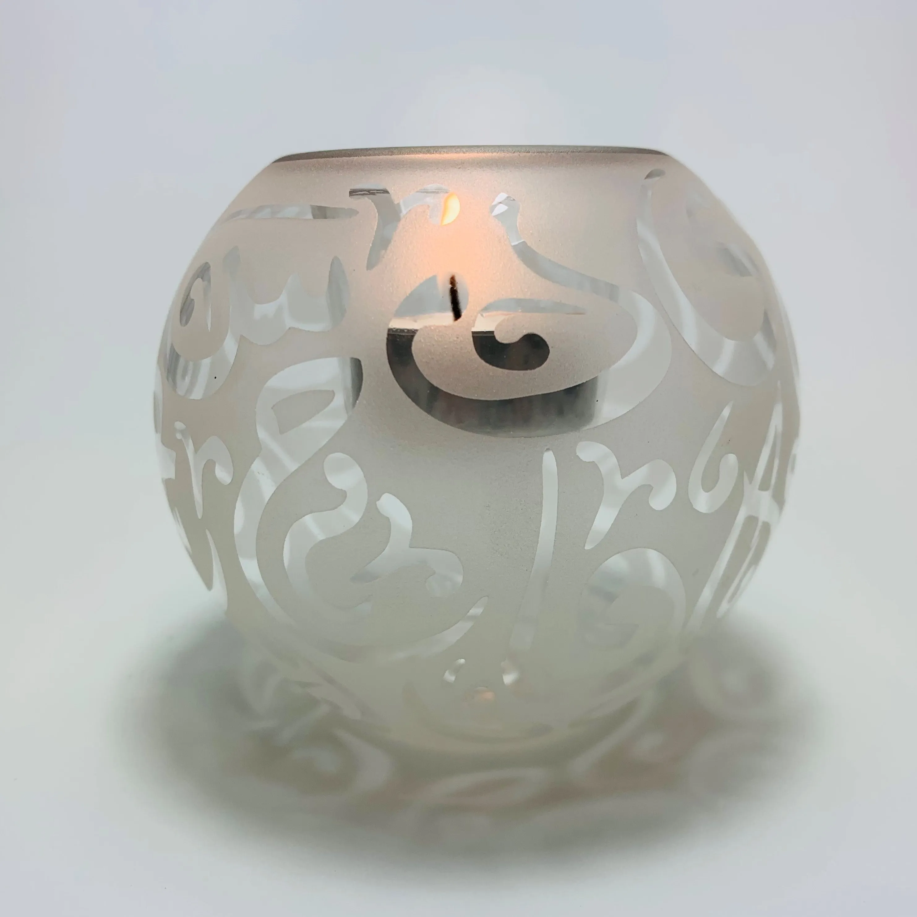 Blown Glass Candle Holder - Calligraphy in White