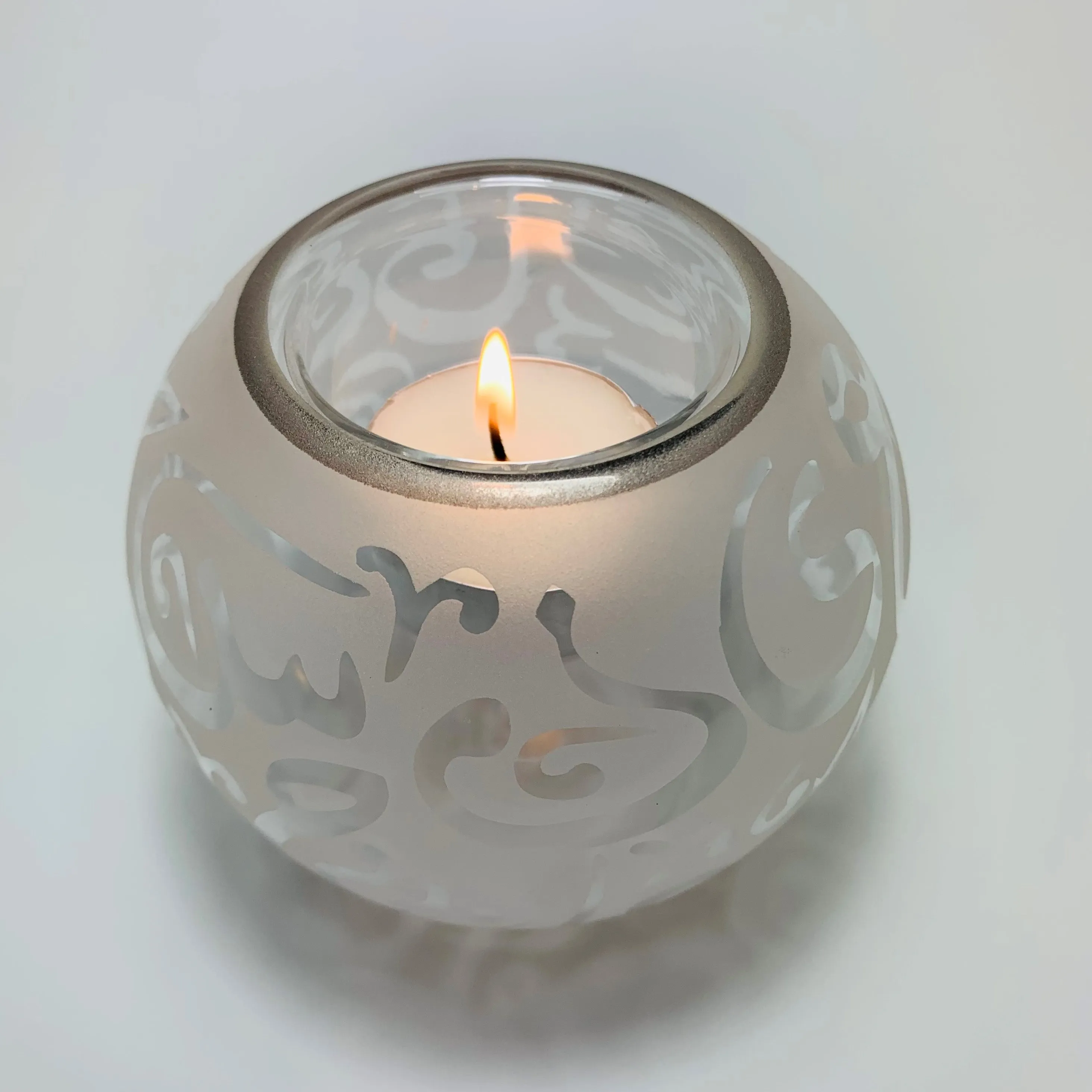 Blown Glass Candle Holder - Calligraphy in White