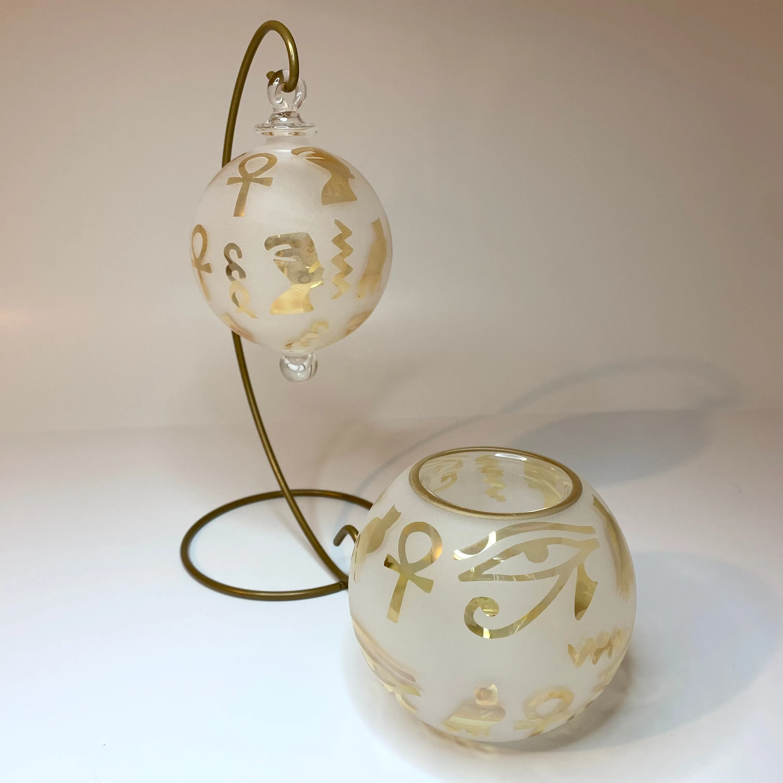 Blown Glass Candle Holder - Hieroglyphs in Yellow